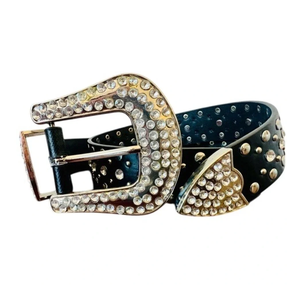 Western Rhinestone Studded Belt Black Faux Leather Silver Crystal Buckle 37.5